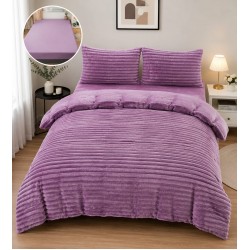 Set Lenjerie Pufoasă Cocolino cu Elastic 4 Piese, Pat Dublu – Model Dungi Reliefate, Mov Lila, LEC-026