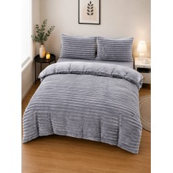 Set Lenjerie Pufoasă Cocolino cu Elastic 4 Piese, Pat Dublu – Model Dungi Reliefate, Gri Deschis, LEC-028
