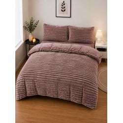 Set Lenjerie Pufoasă Cocolino cu Elastic 4 Piese, Pat Dublu – Model Dungi Reliefate, Maro Deschis, LEC-069