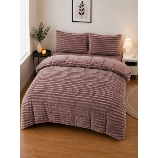 Set Lenjerie Pufoasă Cocolino cu Elastic 4 Piese, Pat Dublu – Model Dungi Reliefate, Maro Deschis, LEC-069 Lenjerii Cocolino 4 piese cu ELASTIC