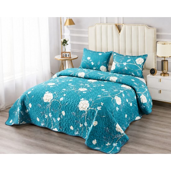 Cuvertură Pat Dublu cu 2 Fețe de Pernă din Bumbac Satinat – Model Floral Turcoaz, OCT-026 3 cuverturi la 199 lei