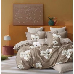 Lenjerie Pat Dublu 4 Piese din Bumbac Satinat – Model Floral Elegant, Maro Cappuccino, LDBS-240