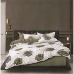 Lenjerie Pat Dublu 4 Piese din Bumbac Satinat – Model Trandafiri, Alb cu Verde, LDBS-181
