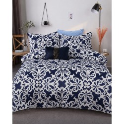 Cuvertură Matlasată Pat Dublu din Bumbac Satinat + 2 Fețe de Pernă – Model Ornamental Bleumarin cu Alb, OCT-017