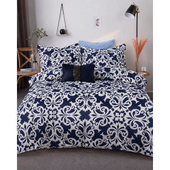 Cuvertură Matlasată Pat Dublu din Bumbac Satinat + 2 Fețe de Pernă – Model Ornamental Bleumarin cu Alb, OCT-017 3 cuverturi la 199 lei
