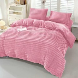 Set Lenjerie Pufoasă Cocolino cu Elastic 4 Piese, Pat Dublu, Roz, Model Dungi Reliefati, LEC-164