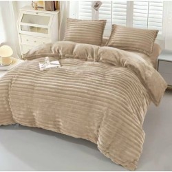 Set Lenjerie Pufoasă Cocolino cu Elastic 4 Piese, Pat Dublu – Model Dungi Reliefate, Bej, LEC-070