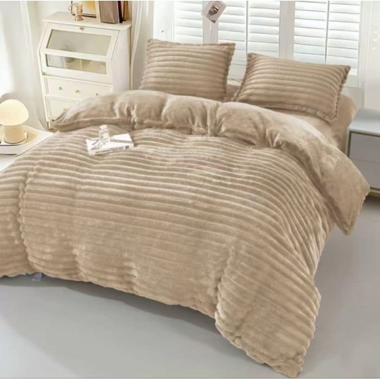 Set Lenjerie Pufoasă Cocolino cu Elastic 4 Piese, Pat Dublu – Model Dungi Reliefate, Bej, LEC-070 Lenjerii Cocolino 4 piese cu ELASTIC