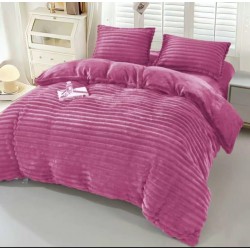 Set Lenjerie Pufoasă Cocolino cu Elastic 4 Piese, Pat Dublu – Model Dungi Reliefate, Roz Ciclam, LEC-076