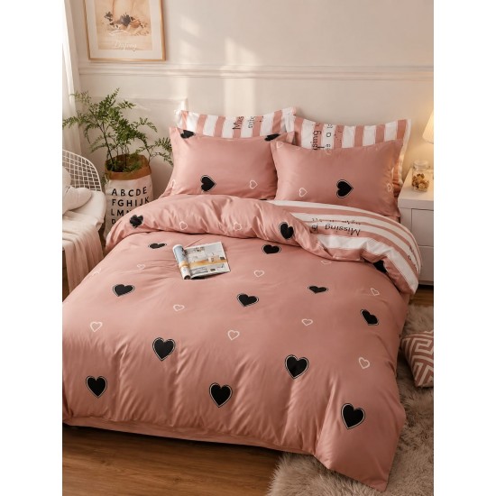 Lenjerie de Pat Dublu 4 Piese Bumbac Satinat Superior – Model Inimioare Maro și Negru, LDBS-306 3 lenjerii la 199 lei