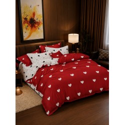 Lenjerie de Pat Dublu 4 Piese Bumbac Satinat Superior – Model Inimioare Roșu cu Alb, LES-099