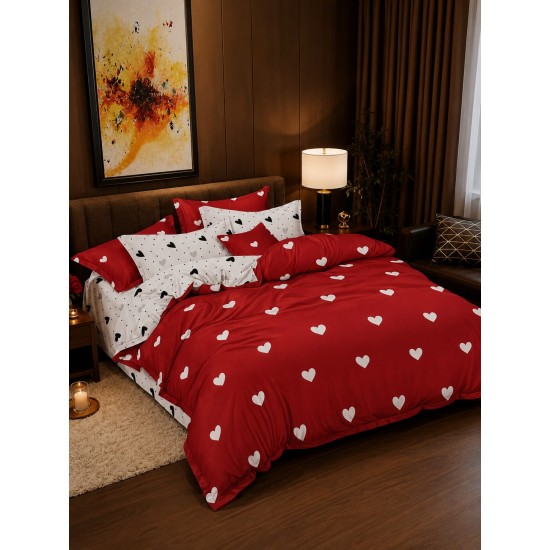 Lenjerie de Pat Dublu 4 Piese Bumbac Satinat Superior – Model Inimioare Roșu cu Alb, LES-099 3 lenjerii la 199 lei