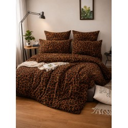 Lenjerie de Pat Dublu 4 Piese Bumbac Satinat Superior – Model Leopard Maro, LES-097