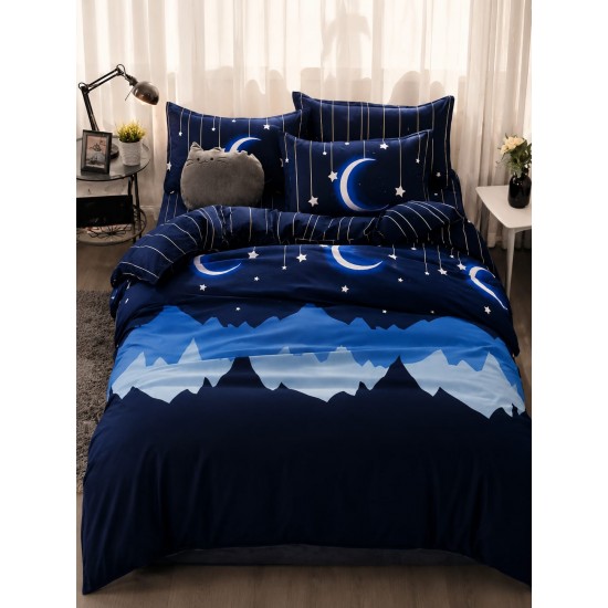 Lenjerie de Pat Dublu 4 Piese Bumbac Satinat Superior – Model Lună și Stele, Bleumarin, LES-096 3 lenjerii la 199 lei