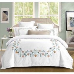 Lenjerie de Pat Dublu 4 Piese Bumbac Finet cu Cearșaf cu Elastic – Model Floral Turcoaz-Bej, LFB-225