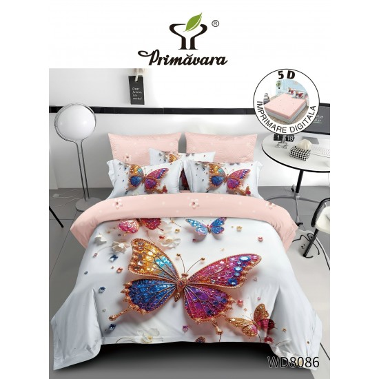 Lenjerie de Pat Dublu 4 Piese 5D cu Cearșaf cu Elastic – Model Fluturi Multicolori, LFL-117 Lenjerii Finet Premium Lux