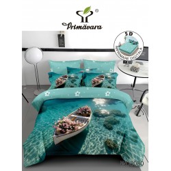 Lenjerie de Pat Dublu 4 Piese 5D cu Cearșaf cu Elastic – Model Barcă pe Mare, LFL-119