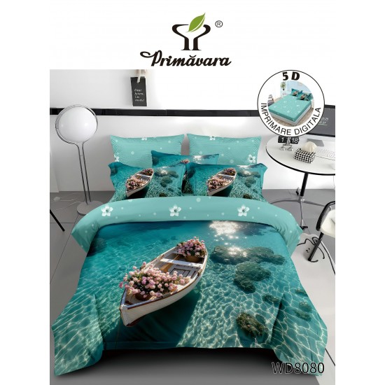 Lenjerie de Pat Dublu 4 Piese 5D cu Cearșaf cu Elastic – Model Barcă pe Mare, LFL-119 Lenjerii Finet Premium Lux