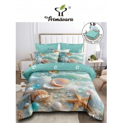 Lenjerie de Pat Dublu 4 Piese 5D cu Cearșaf cu Elastic – Model Marin cu Scoici și Stea de Mare, LFL-121