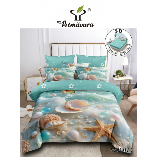 Lenjerie de Pat Dublu 4 Piese 5D cu Cearșaf cu Elastic – Model Marin cu Scoici și Stea de Mare, LFL-121 Lenjerii Finet Premium Lux