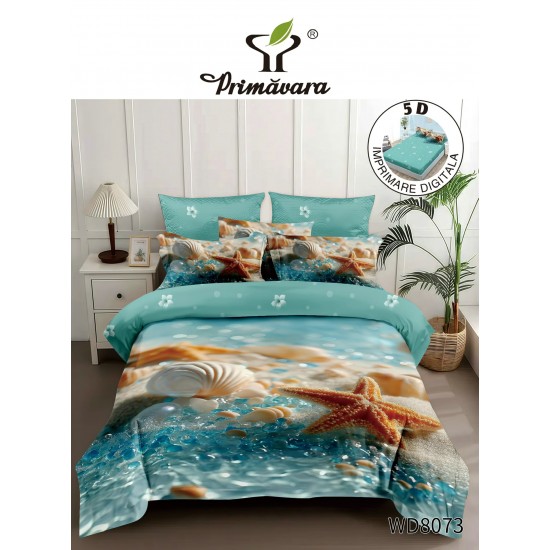 Lenjerie de Pat Dublu 4 Piese 5D cu Cearșaf cu Elastic – Model Marin cu Stea de Mare, LFL-120 Lenjerii Finet Premium Lux