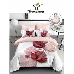 Lenjerie de Pat Dublu 4 Piese 5D cu Cearșaf cu Elastic – Frunze Roz și Bordo, LFL-124