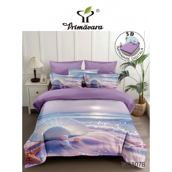 Lenjerie de Pat Dublu 4 Piese 5D cu Cearșaf cu Elastic – Scoici și Perle Mov, LFL-125 Lenjerii Finet Premium Lux