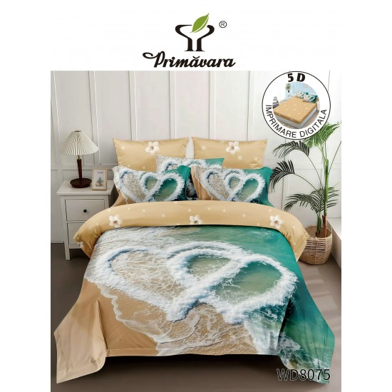 Lenjerie de Pat Dublu 4 Piese 5D cu Cearșaf cu Elastic – Inimi pe Plajă, LFL-131 Lenjerii Finet Premium Lux