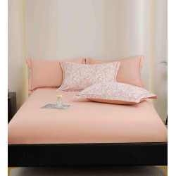 Lenjerie de Pat Dublu LUX 6 Piese din Finet cu Cearșaf cu Elastic – Model Roz Pudrat cu Frunzulițe, LPL-029