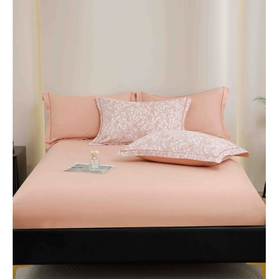 Lenjerie de Pat Dublu LUX 6 Piese din Finet cu Cearșaf cu Elastic – Model Roz Pudrat cu Frunzulițe, LPL-029 Lenjerii Finet premium  lux cu elastic