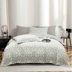 Lenjerie de Pat Dublu LUX 6 Piese din Finet cu Cearșaf cu Elastic – Model Ornamental Gri Elegant, LPL-028