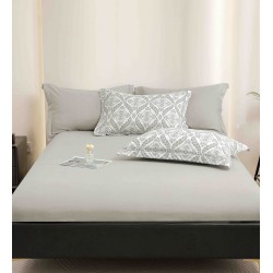 Lenjerie de Pat Dublu LUX 6 Piese din Finet cu Cearșaf cu Elastic – Model Ornamental Gri Elegant, LPL-028