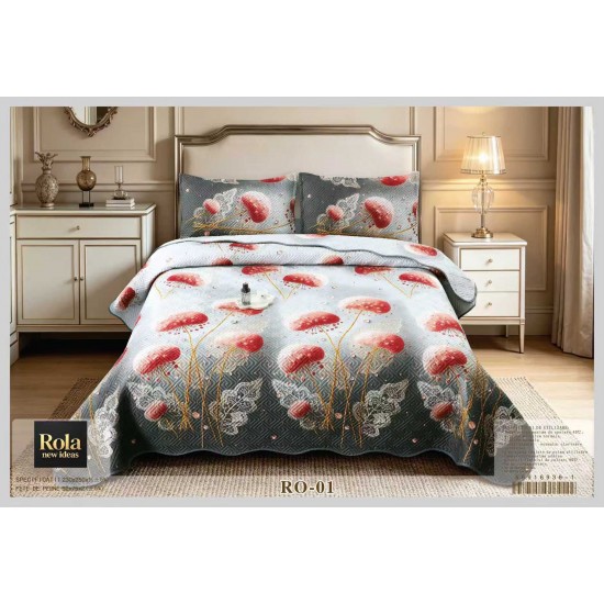 Cuvertură Matlasată pentru Pat Dublu din Bumbac Satinat, 230x250 cm + 2 Fețe de Pernă – Model Floral, CON-001 Oferta Trio 229