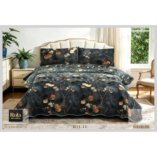 Cuvertură Matlasată pentru Pat Dublu din Bumbac Satinat, 230x250 cm + 2 Fețe de Pernă – Model Floral, CON-003 Oferta Trio 229