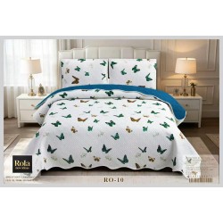 Cuvertură Matlasată pentru Pat Dublu din Bumbac Satinat, 230x250 cm + 2 Fețe de Pernă – Model Fluturi, CON-004