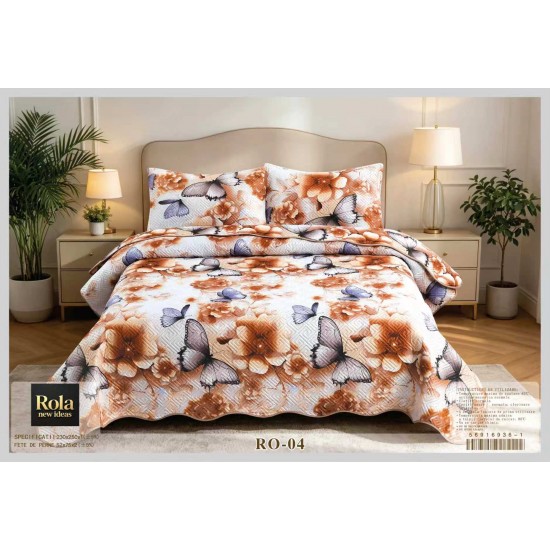 Cuvertură Matlasată pentru Pat Dublu din Bumbac Satinat, 230x250 cm + 2 Fețe de Pernă – Model Floral cu Fluturi, CON-005 Oferta Trio 229