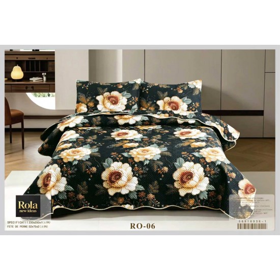 Cuvertură Matlasată pentru Pat Dublu din Bumbac Satinat, 230x250 cm + 2 Fețe de Pernă – Model Floral Negru, CON-007 Oferta Trio 229