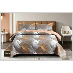 Cuvertură Matlasată pentru Pat Dublu din Bumbac Satinat, 230x250 cm + 2 Fețe de Pernă – Model Geometric Gri-Bej, CON-012