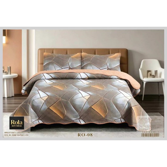 Cuvertură Matlasată pentru Pat Dublu din Bumbac Satinat, 230x250 cm + 2 Fețe de Pernă – Model Geometric Gri-Bej, CON-012 Oferta Trio 229