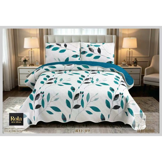 Cuvertură Matlasată pentru Pat Dublu din Bumbac Satinat, 230x250 cm + 2 Fețe de Pernă – Model Frunze Turcoaz, CON-010 Oferta Trio 229