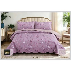 Cuvertură Matlasată pentru Pat Dublu din Bumbac Satinat, 230x250 cm + 2 Fețe de Pernă – Model Floral Mov, CON-011