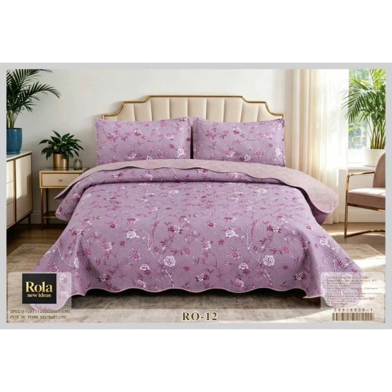 Cuvertură Matlasată pentru Pat Dublu din Bumbac Satinat, 230x250 cm + 2 Fețe de Pernă – Model Floral Mov, CON-011 Oferta Trio 229
