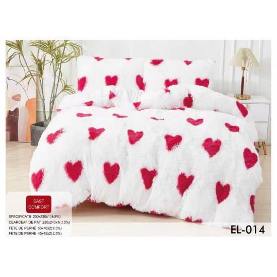 Lenjerie Fluffy Albă cu Inimi Roșii 6 Piese Pat Dublu – Moale, Călduroasă și Elegantă, LCF-003 Lenjerii Cocolino Fluffy