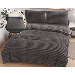 Set Lenjerie Pufoasă Cocolino cu Elastic 4 Piese, Pat Dublu, Gri antracit, Model Dungi Reliefati, LEC-161