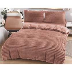Set Lenjerie Pufoasă Cocolino cu Elastic 4 Piese, Pat Dublu – Model Dungi Reliefate, Maro Deschis, LEC-069
