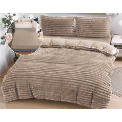Set Lenjerie Pufoasă Cocolino cu Elastic 4 Piese, Pat Dublu, Bej, Model Dungi Reliefati, LEC-160