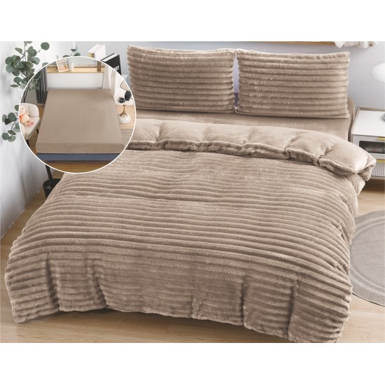 Set Lenjerie Pufoasă Cocolino cu Elastic 4 Piese, Pat Dublu, Bej, Model Dungi Reliefati, LEC-160 Lenjerii Cocolino 4 piese cu ELASTIC