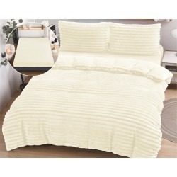 Set Lenjerie Pufoasă Cocolino cu Elastic 4 Piese, Pat Dublu, Crem Deschis, Model Dungi Reliefati, LEC-167