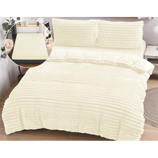 Set Lenjerie Pufoasă Cocolino cu Elastic 4 Piese, Pat Dublu, Crem Deschis, Model Dungi Reliefati, LEC-167 Lenjerii Cocolino 4 piese cu ELASTIC