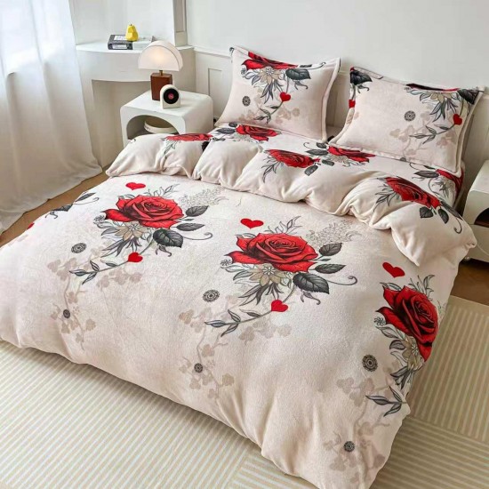 Lenjerie Cocolino 4 Piese Pat Dublu cu Cearșaf cu Elastic – Model Trandafiri Roșii și Inimi, LEC-085 Lenjerii Cocolino 4 piese cu ELASTIC